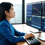A professional Vietnamese female accountant, in a modest business suit, seated at a sleek modern desk in a high-tech office. She is focused on multiple large computer screens displaying complex financial dashboards and data visualizations. Her expression is thoughtful and analytical, reflecting deep concentration on the numbers. The background shows a collaborative, well-lit office environment. She has perfect anatomy, correct proportions, and well-formed hands. safe for work, appropriate content, fully clothed, professional, high quality, natural pose, proper finger count.