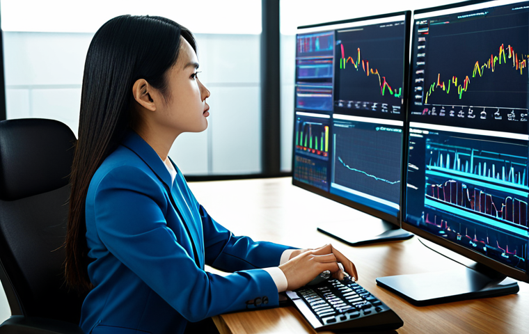 A professional Vietnamese female accountant, in a modest business suit, seated at a sleek modern desk in a high-tech office. She is focused on multiple large computer screens displaying complex financial dashboards and data visualizations. Her expression is thoughtful and analytical, reflecting deep concentration on the numbers. The background shows a collaborative, well-lit office environment. She has perfect anatomy, correct proportions, and well-formed hands. safe for work, appropriate content, fully clothed, professional, high quality, natural pose, proper finger count.